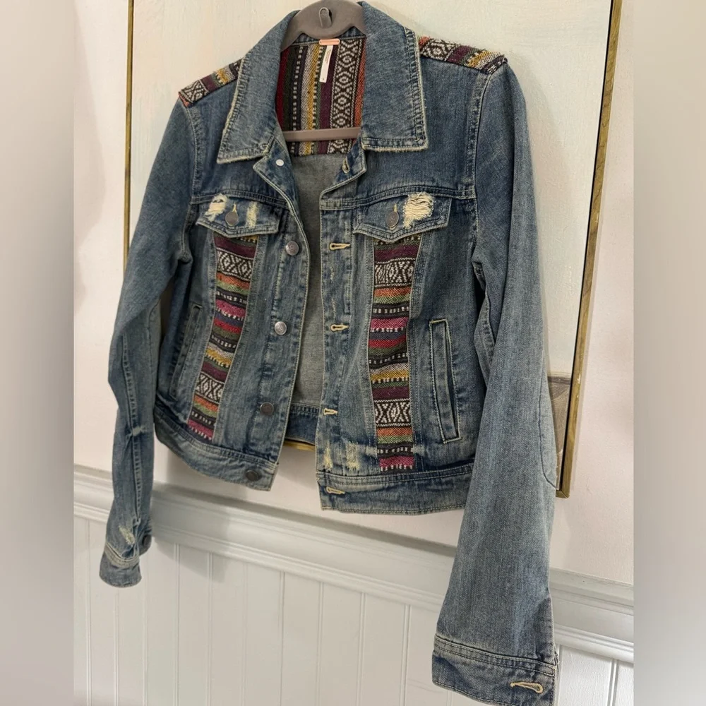 FREE PEOPLE Aztec Jean Jacket Stretch Paneled Bohemian Size 4